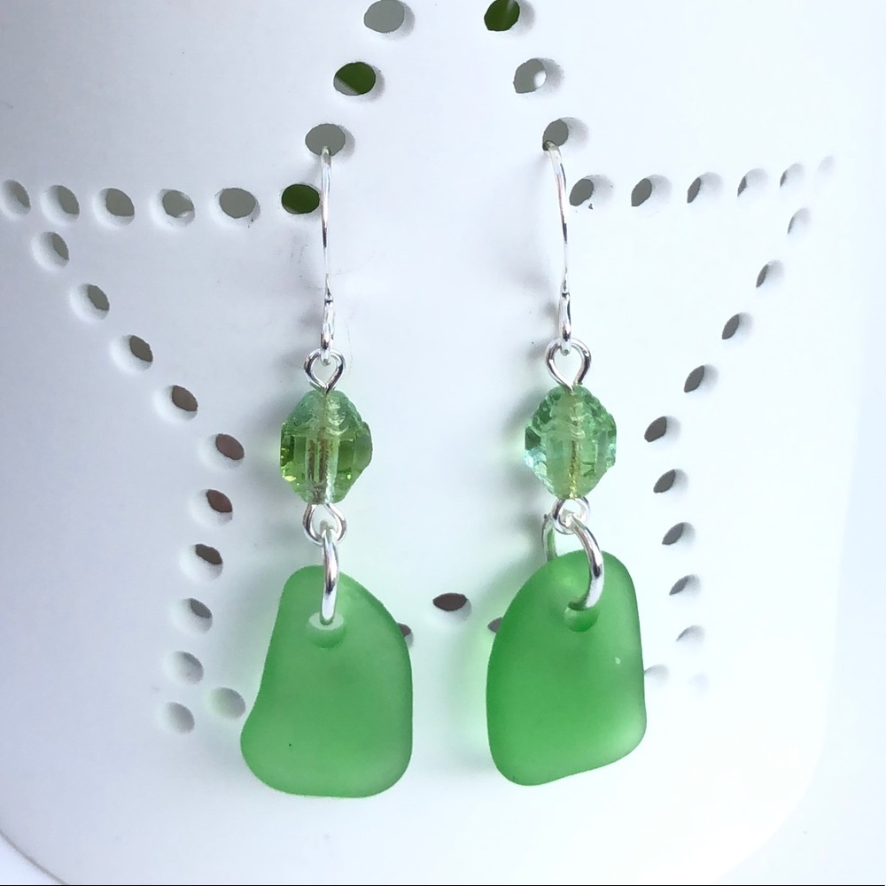 Final Sale! Green Sea Glass And Beaded Earrings - Picture 2 of 3
